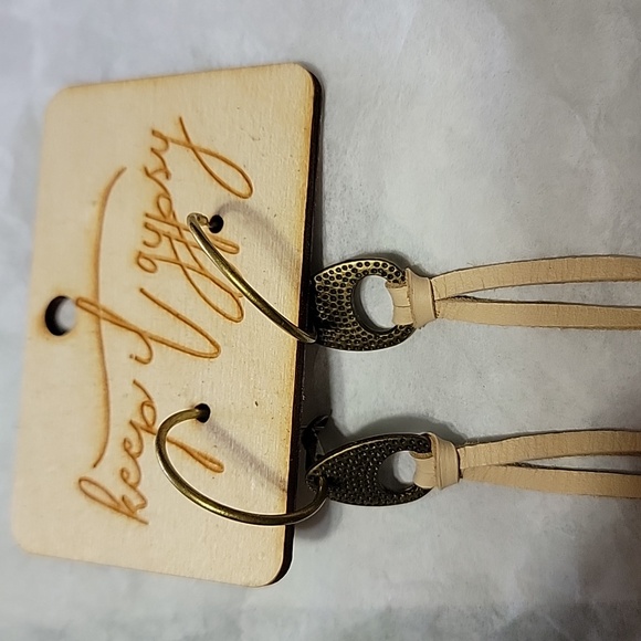 Keep It Gypsy Leather Tassels Dangle Earrings Sand Antiqued Hoops - Picture 3 of 7